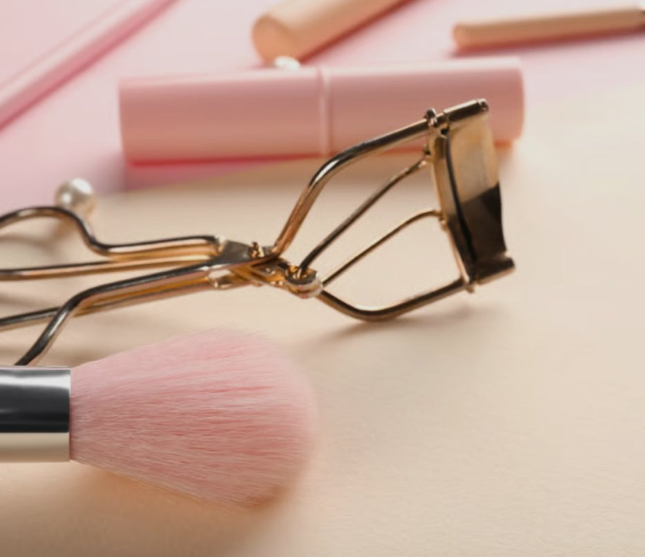 Recourbe-cils doré posé sur une surface beige, accompagné d’un pinceau rose et d’un tube cosmétique — accessoire Dr Make-up pour sublimer le regard.