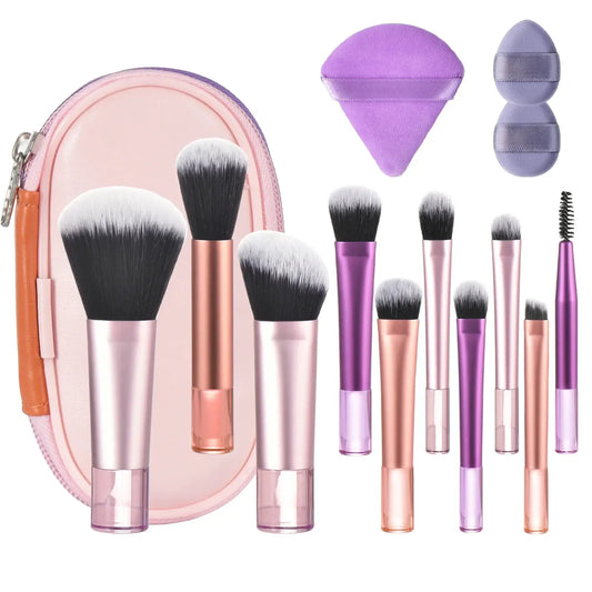 Mini brosses de maquillage colorées avec trousse rose pratique